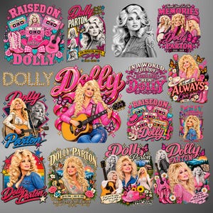 Könnte beinhalten: Eine Sammlung von Grafikdesigns mit Dolly Parton, darunter Illustrationen von ihr beim Gitarrespielen, mit Cowboystiefeln und umgeben von Schmetterlingen, Blumen und Kassetten mit Texten wie Raised on Dolly und In a World Full of Donals Be a Dolly.