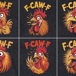 Puede incluir: Una colecci&oacute;n de seis ilustraciones de gallos de dibujos animados con el texto "F-CAW-F" encima de cada uno. Los gallos tienen crestas y barbillas rojas, y plumas amarillas y naranjas, sobre un fondo gris oscuro. Los gallos est&aacute;n en varias poses.