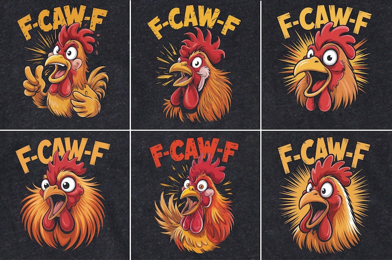 Puede incluir: Una colecci&oacute;n de seis ilustraciones de gallos de dibujos animados con el texto "F-CAW-F" encima de cada uno. Los gallos tienen crestas y barbillas rojas, y plumas amarillas y naranjas, sobre un fondo gris oscuro. Los gallos est&aacute;n en varias poses.