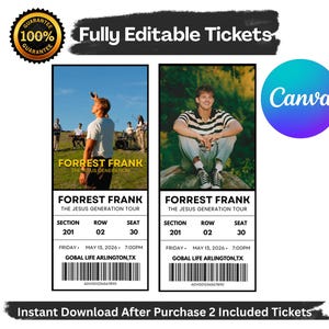 May include: Two concert tickets featuring images of Forrest Frank. The tickets include the text "FORREST FRANK THE JESUS GENERATION TOUR" with section, row, and seat information. The tickets also include the date, time, and location of the concert.
