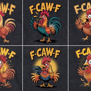 Puede incluir: Una colecci&oacute;n de seis ilustraciones de gallos de dibujos animados sobre un fondo gris oscuro. Cada gallo se representa en una pose diferente, con el texto "F-CAW-F" encima. Los gallos son en tonos de naranja, rojo, azul y amarillo.