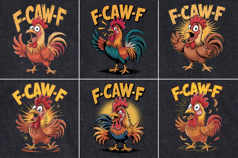 Puede incluir: Una colecci&oacute;n de seis ilustraciones de gallos de dibujos animados sobre un fondo gris oscuro. Cada gallo se representa en una pose diferente, con el texto "F-CAW-F" encima. Los gallos son en tonos de naranja, rojo, azul y amarillo.