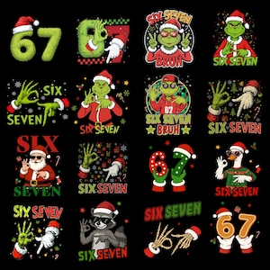 Könnte beinhalten: Eine Sammlung von weihnachtlichen Grafiken auf schwarzem Hintergrund. Die Designs umfassen die Zahlen 67, die Wörter "Six Seven" und verschiedene Zeichentrickfiguren wie der Grinch, der Weihnachtsmann, ein Waschbär und eine Gans, alle mit Weihnachtsmützen.