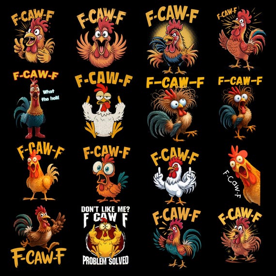 Trendy Funny F-Caw-F Chicken Bundle PNG Funny Screaming Chicken PNG Meme Farm Animal Png F-CAW-F Meme F-Caw-F Chicken Rooster Meme Clipart