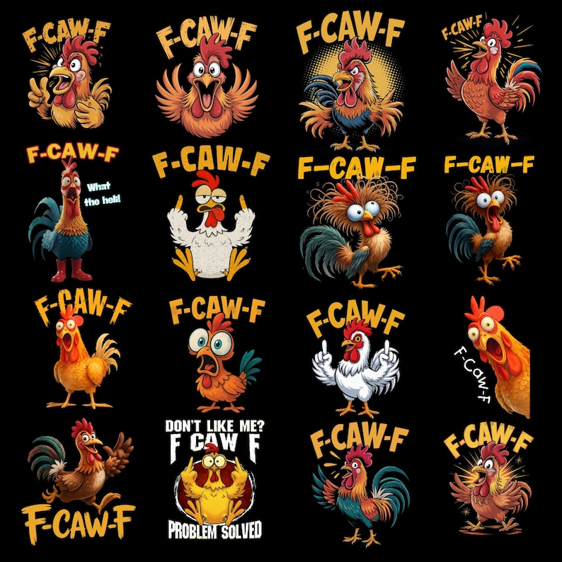 Paquete de pollos F-Caw-F divertidos y modernos PNG Pollo gritando divertido PNG Meme Animal de granja PNG Meme F-CAW-F Pollo F-Caw-F Gallo Meme Clipart imagen 1