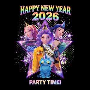 Happy New Year 2026 png Huntrix Edition, Kpop new year 2026 png, Huntrix png, Kpop Demon Hunters New Year png, Kpop png, Rumi Mira Zoey