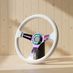 May include: A white steering wheel with iridescent spokes and a central hub. The wheel is set against a light wood background. The spokes have a colour-shifting effect, displaying hues of blue, purple, and green.