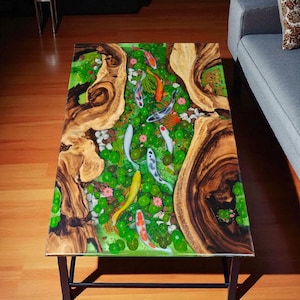 Koi Fish Resin Art Table: Modern Coffee Table, Kitchen or Dining