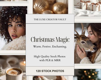 May include: A festive collage of Christmas stock photos. The images include a woman, a deer, baubles, gifts, and a coffee cup. Text reads "Christmas Magic" and "High Quality Stock Photos with PLR & MRR."