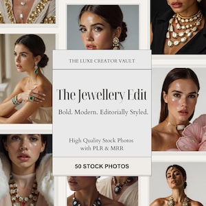 Puede incluir: Un collage de imágenes que presentan a mujeres con varias joyas. Las imágenes incluyen collares, pendientes, pulseras y anillos. El texto "The Jewellery Edit" se muestra, junto con "50 STOCK PHOTOS".