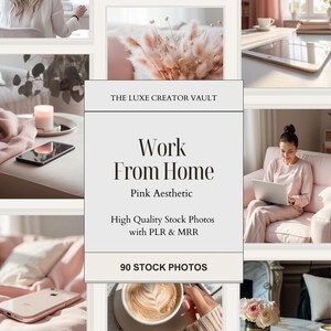 以下が含まれることがあります： 「Work From Home」と「Pink Aesthetic」のテキストが入った、ピンク色の美的感覚のストックフォトのコレクション。ノートパソコン、スマートフォン、コーヒーカップを使用している女性の画像が含まれています。写真は、PLRとMRRを備えた高品質のストックフォトとして販売されています。