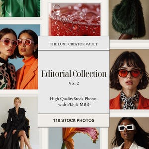 Puede incluir: Un collage de fotos de stock de moda. El panel central dice "Editorial Collection Vol. 2" con "High Quality Stock Photos with PLR & MRR" y "110 STOCK PHOTOS" debajo. Las imágenes incluyen modelos con gafas de sol y ropa elegante.