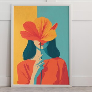Könnte beinhalten: Kunstdruck mit einer stilisierten Illustration einer Person, die eine große orangefarbene Blume vor ihrem Gesicht hält. Der Hintergrund ist in gelbe und türkisfarbene Abschnitte unterteilt. Die Person trägt ein orangefarbenes Oberteil.