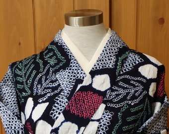 Vintage Japanese Indigo Cotton Tie Dye Arimatsu Shibori Floral Yukata Kimono Robe Dressing Gown Yukata