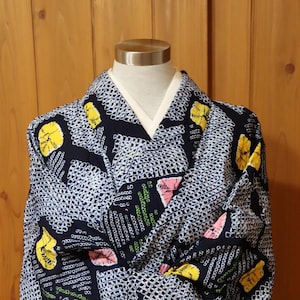 Vintage Japanese Blue Cotton Tie Dye Arimatsu Shibori Floral Yukata Kimono Robe Dressing Gown Yukata