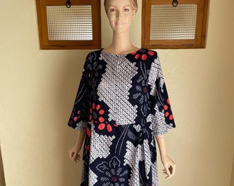 New Handmade Upcycled Japanese Yukata Cotton Smock Dress - Shibori Tie-Dye - US 8