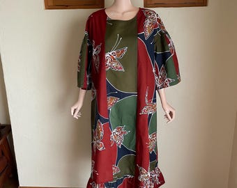 Batik Butterfly Smock Dress, Upcycled Japanese Cotton Yukata Tunic (US 18)