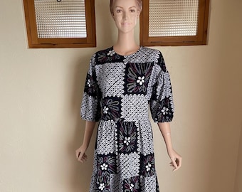 New Handmade Japanese Blue Shibori Cotton Smock Dress: Upcycled Yukata Remake, Women's US Size 10