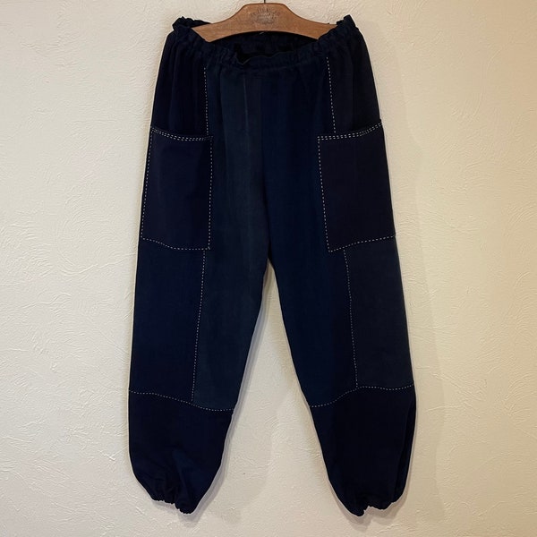 XL Japanese Aizome Indigo Cotton Drawstring Elastic Pants Peasant Noragi Mompe Boro Mompei Monpe