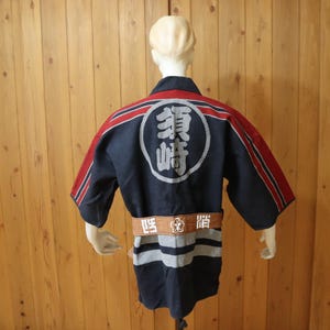 M Vintage Japanese Cotton Sashiko Faded Blue Black Fireman Coat Hikeshibanten Kimono Firefighter Jacket Happi Hanten Kimono Noragi