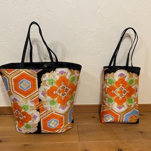 Choice of one Vintage Japanese Geometric Woven Obi Upcycled Metallic Fabric Tote Bag Shopping Bag Bucket Kimono Bag Obi Bag Obi Remake