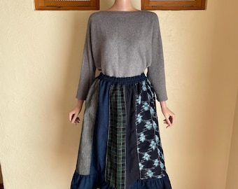 New Handmade Japanese Indigo Cotton Flare Skirt | Aizome Kimono Noragi Patchwork