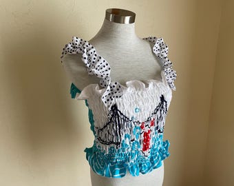 New Handmade Japanese Cotton Smocked Top: Upcycled Tenugui Fabric, Women's US Size 14