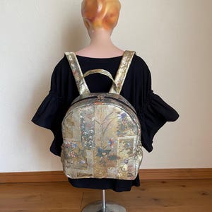 Vintage Japanese Obi Upcycled Metallic Fabric Backpack Bag Shopping Bag Kimono Bag Obi Bag Obi Remake