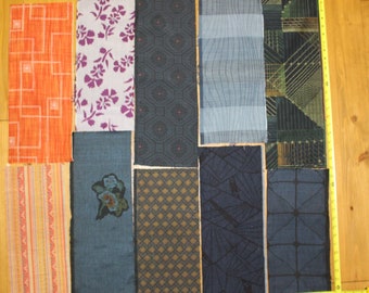 Vintage Japanese Silk Tsumugi Kasuri Ikat Kimono Fabric Pieces Scraps Set Lot Remnants