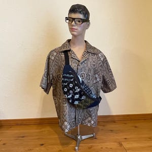 Japanese Indigo Kasuri Patchwork Fanny Pack: Upcycled Obi Crossbody Bag