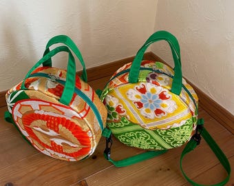 Japanese Silk Obi Round Crossbody Bag: Upcycled Kimono Fabric Artisan Craft
