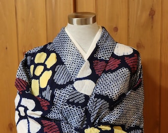 Vintage Japanese Indigo Cotton Tie Dye Arimatsu Shibori Floral Yukata Kimono Robe Dressing Gown Yukata