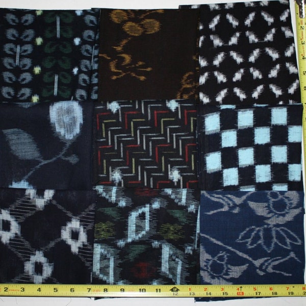 Vintage Japanese Indigo Cotton Woven Kasuri Kimono Fabric Mixed 9 Pieces Scraps Remnants Set Lot
