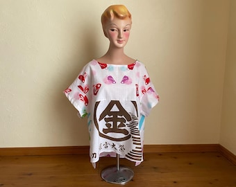 New Upcycled Japanese Tenugui Cotton Boxy Top: Women's Handmade Tee, US Size 14