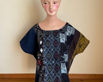 New Handmade Women's Japanese Cotton T-Shirt: Upcycled Kasuri Noragi Patchwork Boxy Top