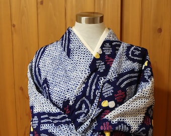 Vintage Japanese Indigo Blue Cotton Tie Dye Arimatsu Shibori Floral Yukata Kimono Robe Dressing Gown Yukata