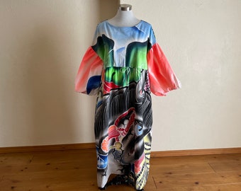 New Handmade Japanese Cotton Smock Dress: Upcycled Boys' Day Nobori Banner, Tsutsugaki Patchwork