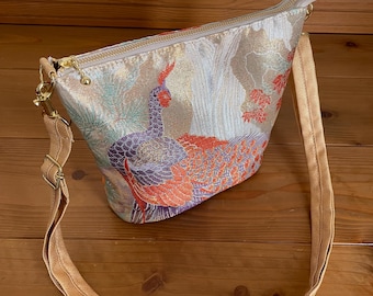 Upcycled Silk Obi Bag, Peacock Gold Embroidery, Vintage Kimono Crossbody Purse