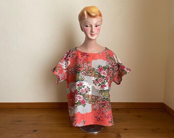 Upcycled Japanese Silk Kimono Blouse, Floral Print, Vintage Sustainable Fashion (US Size 8)