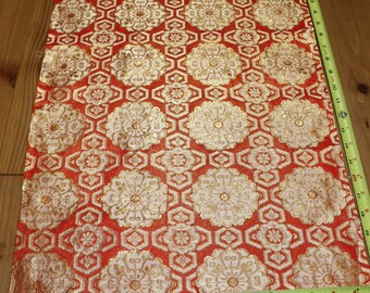 21 Inches long Vintage Japanese Red Metallic Gold Exotic Obi Butt Fabric Piece Remnant