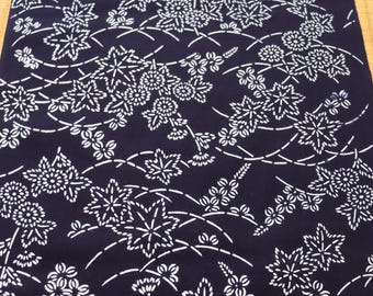 60" long Vintage Japanese Indigo Cotton Floral Leafy Yukata Kimono Fabric
