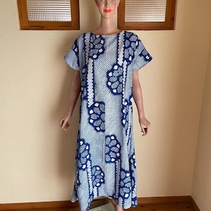 Arimatsu Shibori Cotton Kaftan, Indigo Floral Resort Dress, Upcycled Kimono Zen Robe