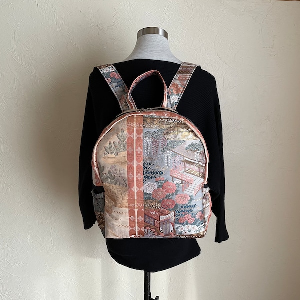 Vintage Japanese Obi Upcycled Metallic Fabric Backpack Bag Shopping Bag Kimono Bag Obi Bag Obi Remake