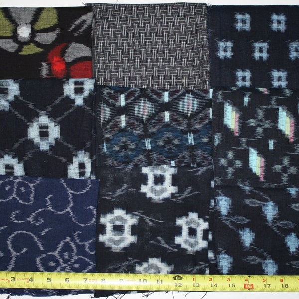 Vintage Japanese Indigo Cotton Woven Kasuri Kimono Fabric Mixed 9 Pieces Scraps Remnants Set Lot