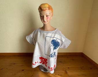 Upcycled Tenugui Cotton Blouse, Japanese Patchwork Kimono Top, Artisan Wear　Size M Short Sleeve