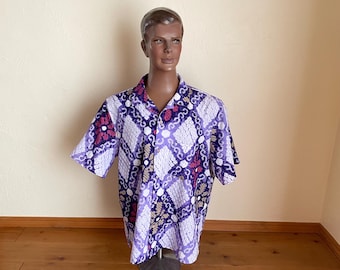 Japanese Shibori Cotton Shirt – Upcycled Yukata Remake, Indigo Tie-Dye Top USA LARGE