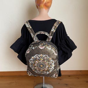 Japanese Vintage Obi Upcycled Metallic Fabric Backpack Bag Shopping Bag Kimono Bag Obi Bag Obi Remake Purse
