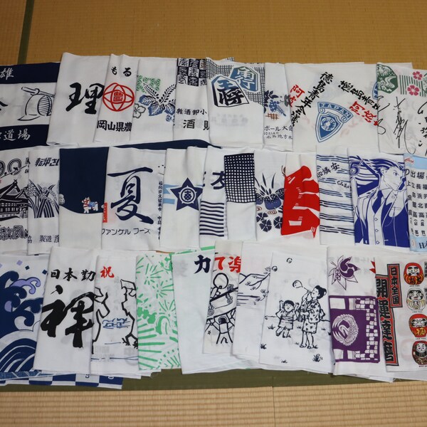 Lot 35 pcs Bundle Box Full of Vintage Japanese Cotton Tenugui Towel Advertising Sarashi Kanji Great Steal