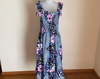 New Handmade Shibori Tie-Dyed Smocked Sundress: Upcycled Japanese Kimono, US Size 14