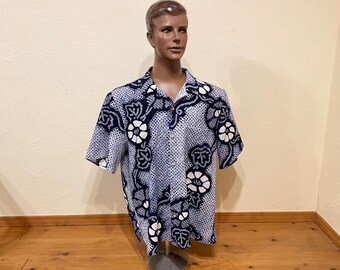 Japanese Shibori Cotton Shirt – Upcycled Yukata Remake, Indigo Tie-Dye Top USA LARGE